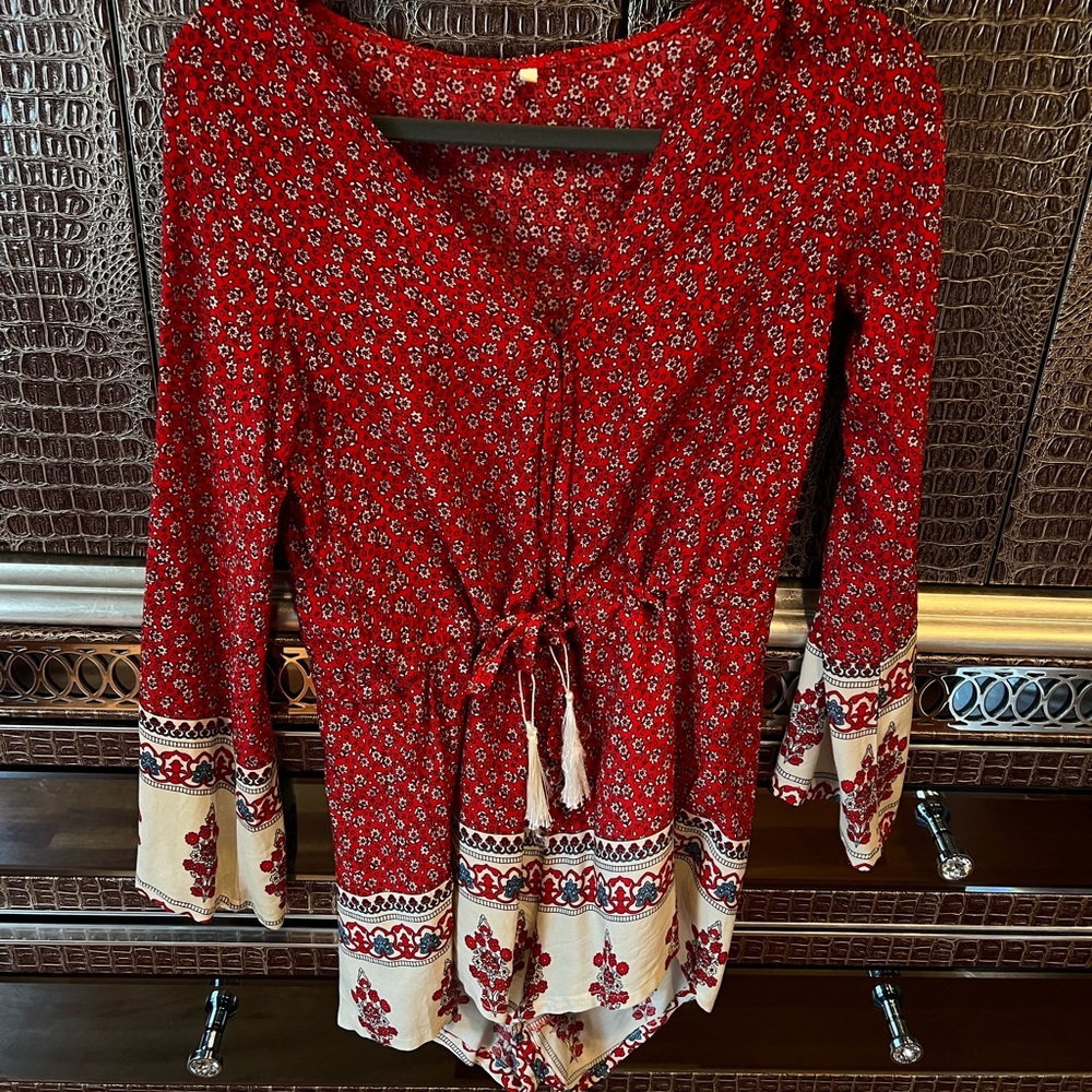 Red Floral Tie-Front Romper